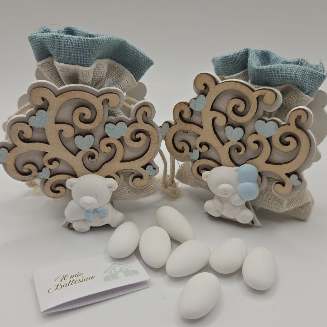 Mandelsäckchen in Blau/ Beige mit Lebensbaum Holzaufsteller und Teddymotiv