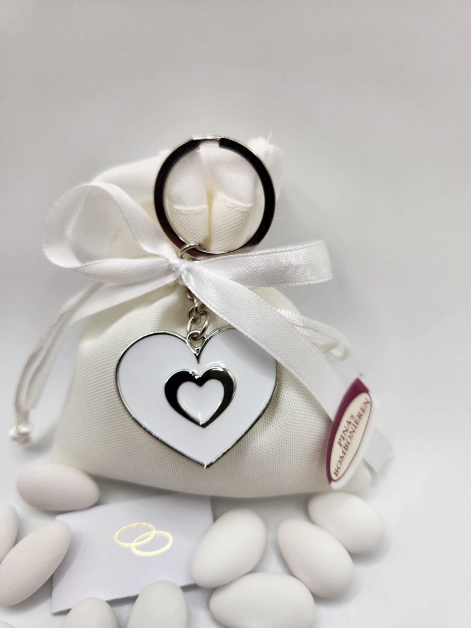 Mandelsäckchen Schlüßelanhänger Herz silberfarbig - Pina´s Bombonieren