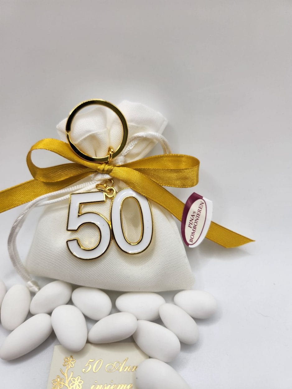 10 x Mandelsäckchen Schlüßelanhänger goldfarbig mit einer 50 als Sparpaket - Pina´s Bombonieren