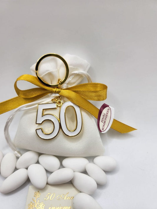 10 x Mandelsäckchen Schlüßelanhänger goldfarbig mit einer 50 als Sparpaket - Pina´s Bombonieren