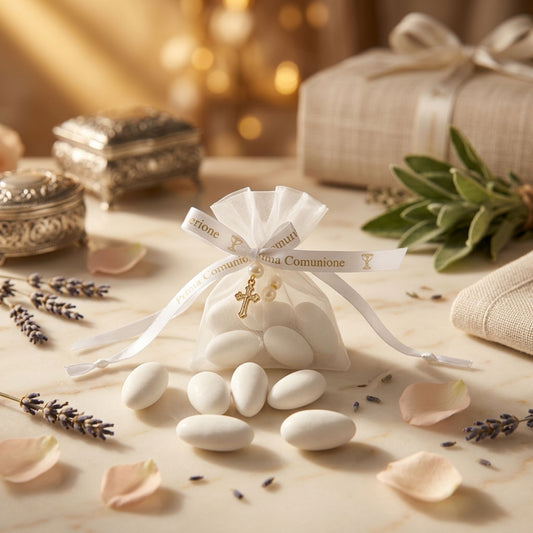 Bomboniere Gastgeschenk Rosenkranz mit Confetti und Bigliettino