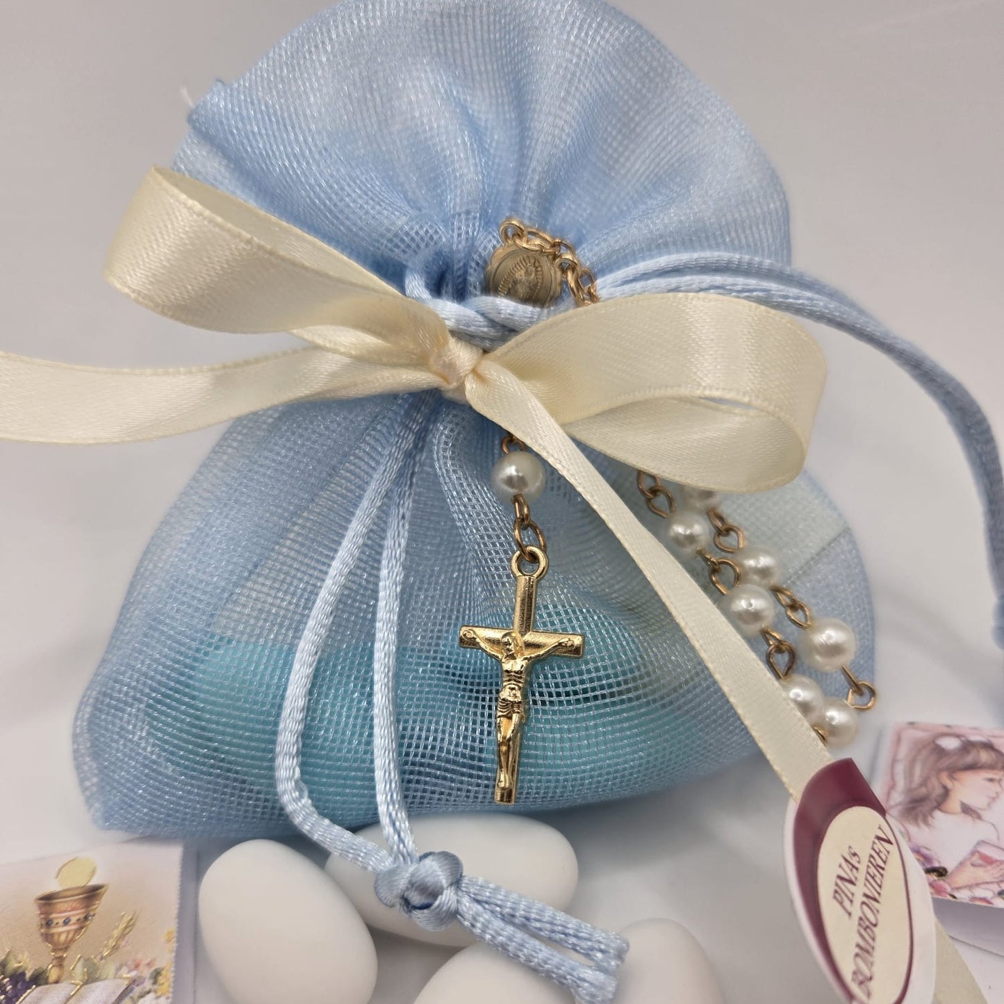 Bomboniere Gastgeschenk Rosenkranz mit Confetti und Bigliettino