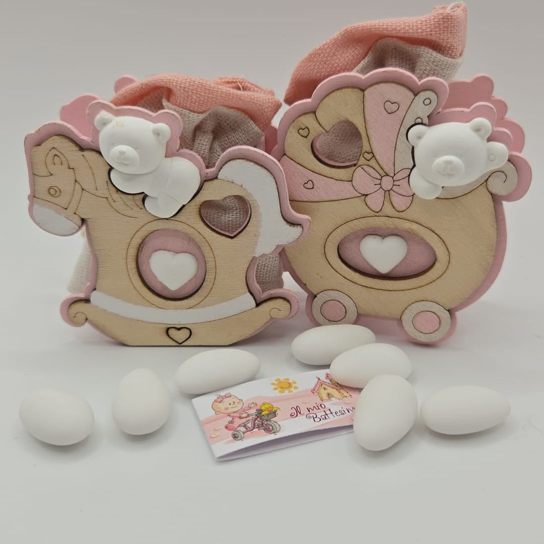 Bomboniere-Gastgeschenk- Mandelsäckchen mit Holzaufsteller Teddy  Rosa
