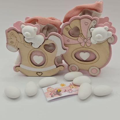 Bomboniere-Gastgeschenk- Mandelsäckchen mit Holzaufsteller Teddy  Rosa