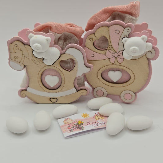 Bomboniere-Gastgeschenk- Mandelsäckchen mit Holzaufsteller Teddy  Rosa