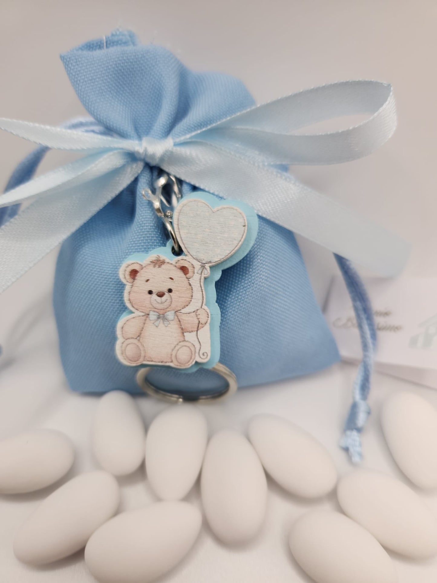 Mandelsäckchen mit Teddybär Schlüßelanhänger blau