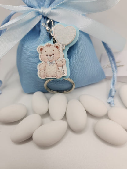 Mandelsäckchen mit Teddybär Schlüßelanhänger blau