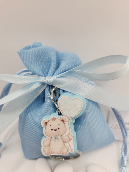 Mandelsäckchen mit Teddybär Schlüßelanhänger blau