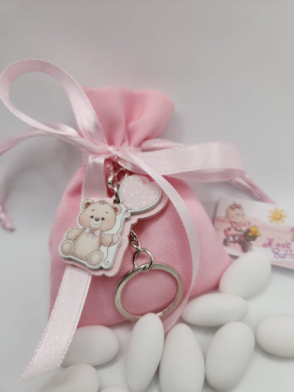 Mandelsäckchen mit Teddybär Schlüßelanhänger in rosa