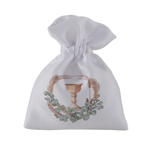 Mandelsäckchen mit Kelch, Eukalyptuskranz und Ähren zur Kommunion