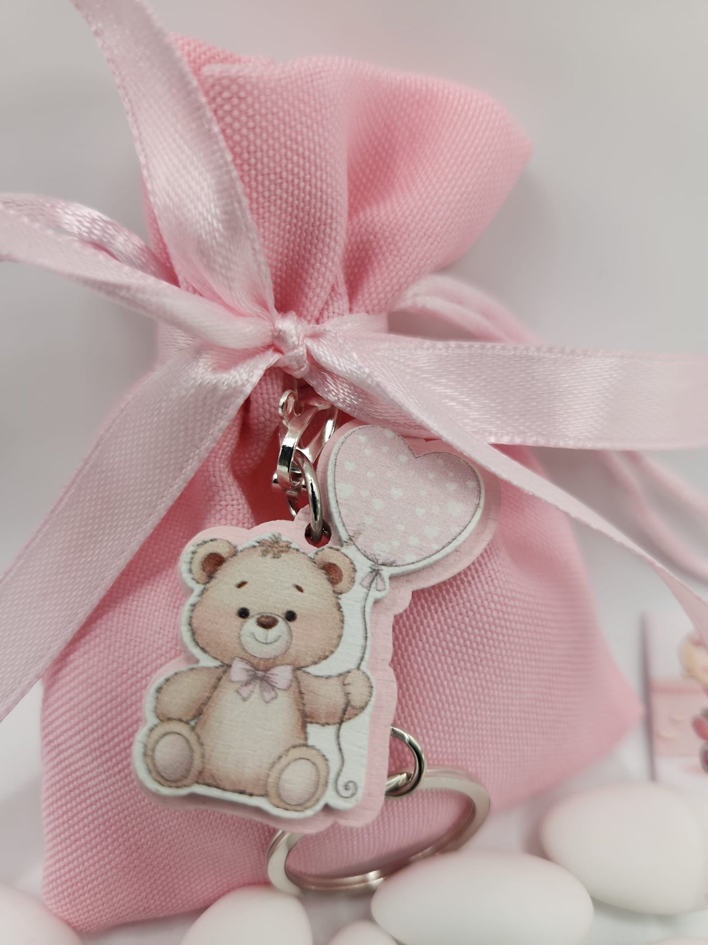 Mandelsäckchen mit Teddybär Schlüßelanhänger in rosa
