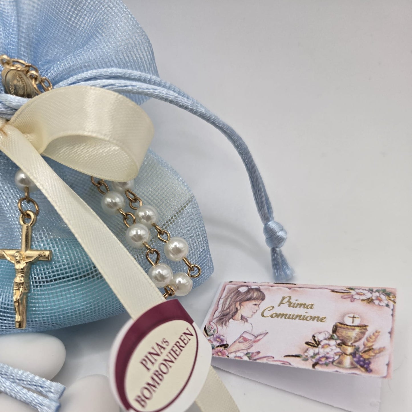 Bomboniere Gastgeschenk Rosenkranz mit Confetti und Bigliettino