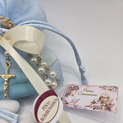 Bomboniere Gastgeschenk Rosenkranz mit Confetti und Bigliettino