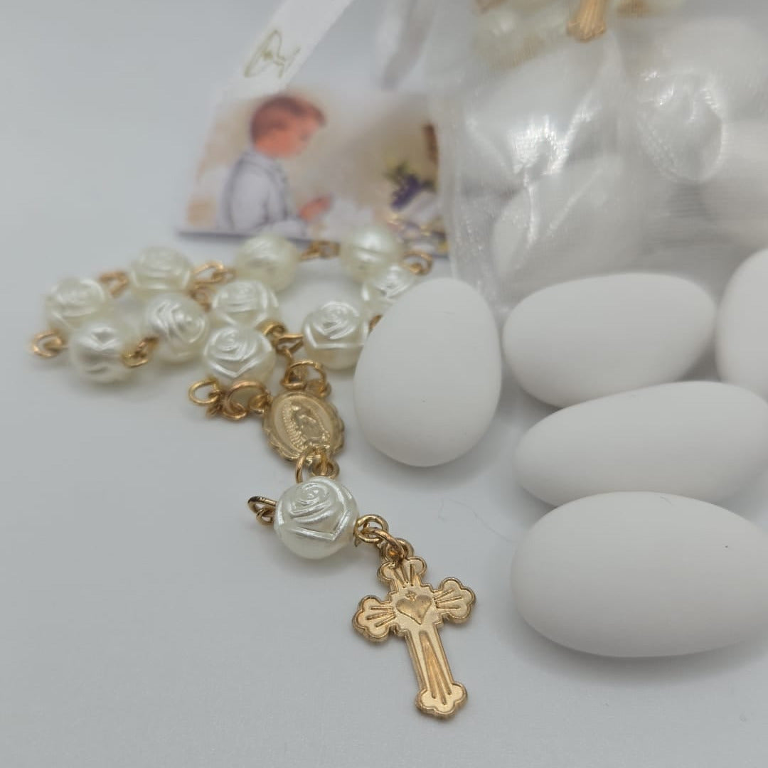 Bomboniere Gastgeschenk Rosenkranz mit Confetti und Bigliettino
