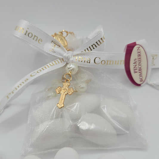Bomboniere Gastgeschenk Rosenkranz mit Confetti und Bigliettino