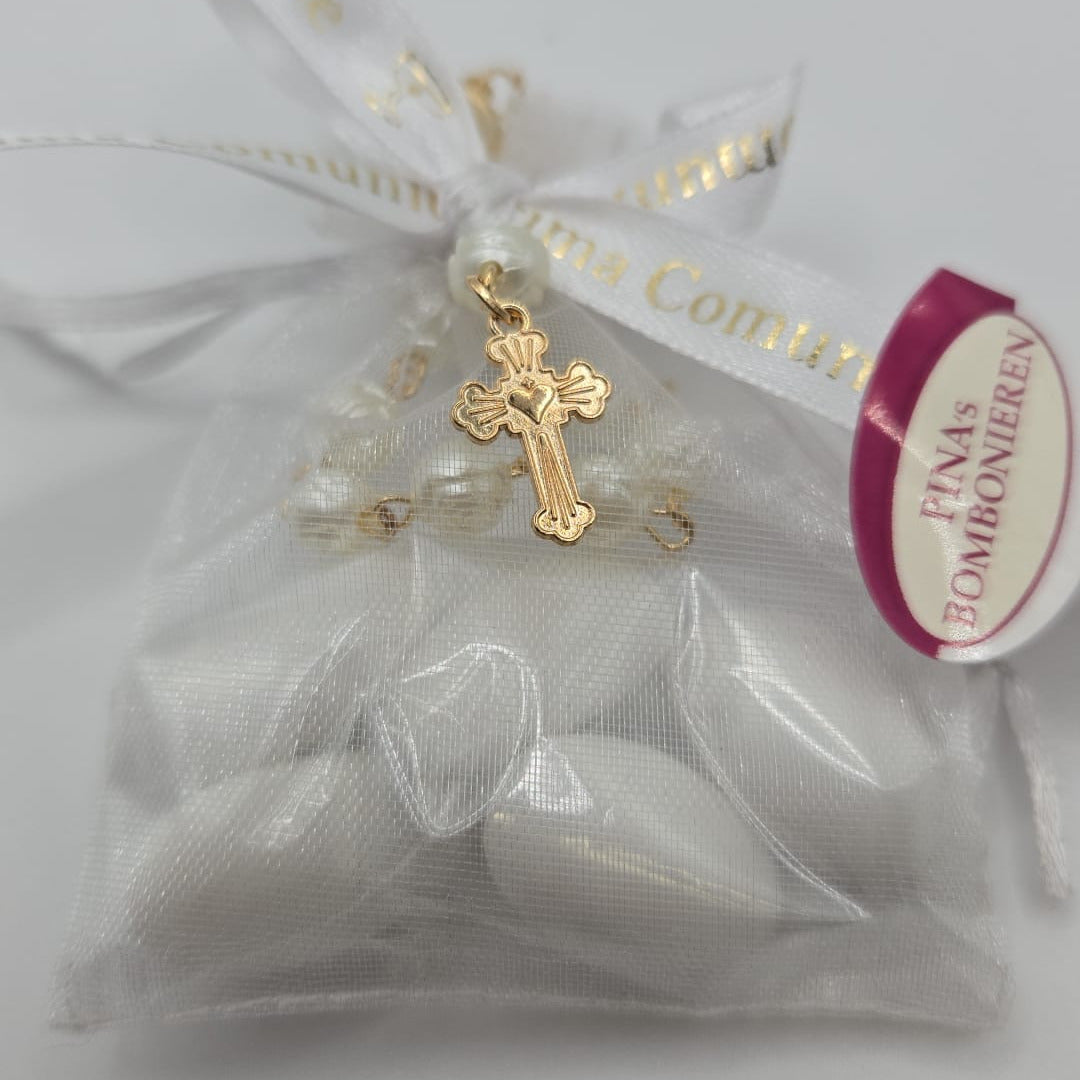 Bomboniere Gastgeschenk Rosenkranz mit Confetti und Bigliettino