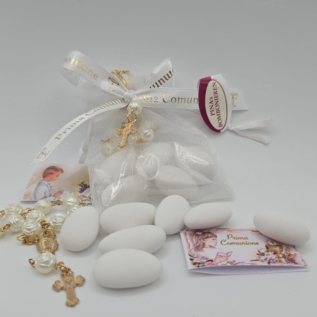 Bomboniere Gastgeschenk Rosenkranz mit Confetti und Bigliettino