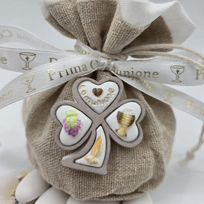 Mandelsäckchen " Prima Comunione " in Beige-Natur mit Glückskleeblatt