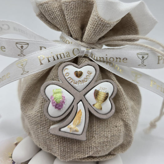 Mandelsäckchen " Prima Comunione " in Beige-Natur mit Glückskleeblatt