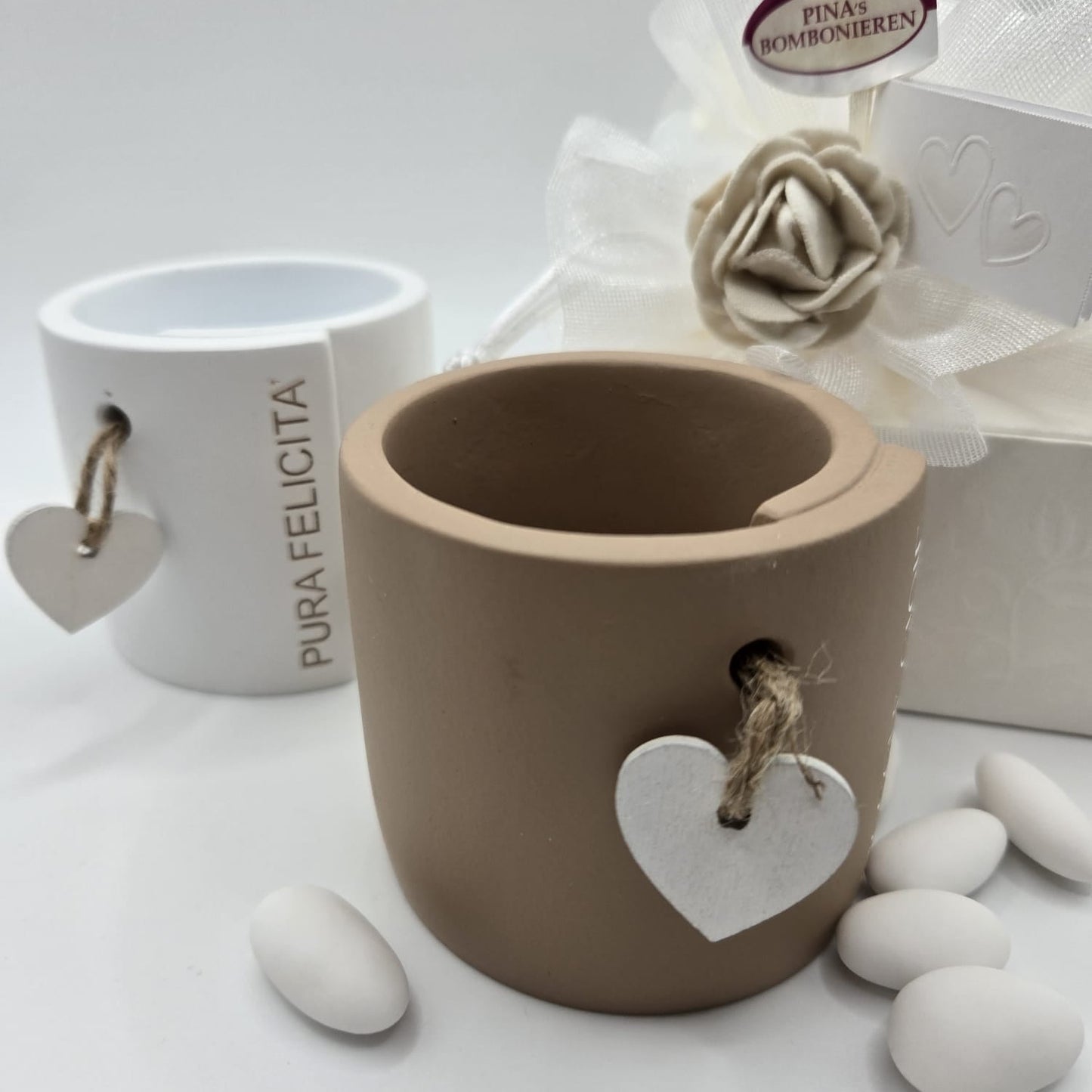 Bomboniere-Gastgeschenke Pflanztopf Terracotta mit Holzherz und Schriftzug