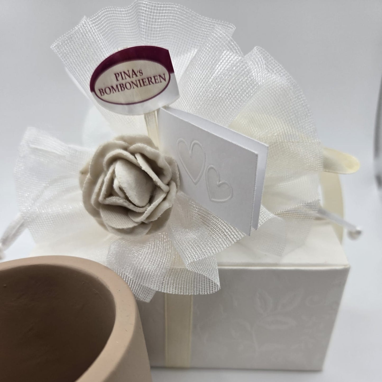 Bomboniere-Gastgeschenke Pflanztopf Terracotta mit Holzherz und Schriftzug