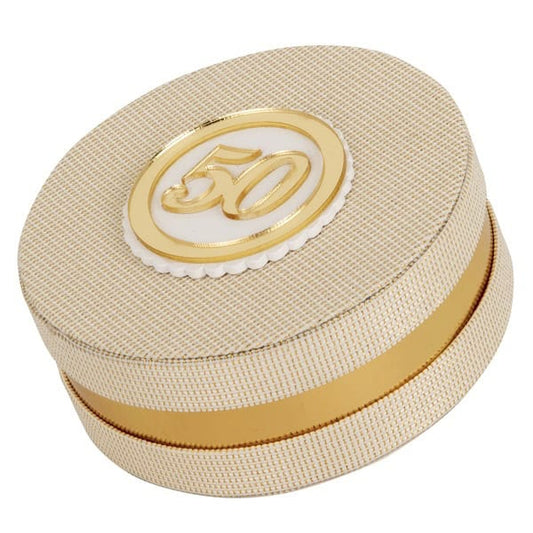 Goldene Hochzeit Bomboniere Rundbox mit Schokoladen - Konfekt - Pina´s Bombonieren