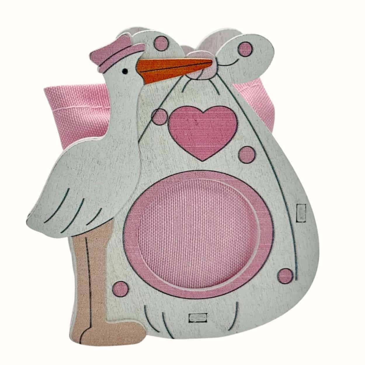 Holzaufsteller Klapperstorch rosa zur Geburt für Mädchen - Pina´s Bombonieren