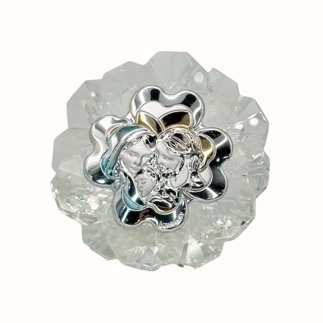 Kristallaufsteller mit Silberemblem heilige Familie - Bomboniere zur Taufe, Kommunion oder Firmung - Pina´s Bombonieren