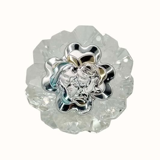 Kristallaufsteller mit Silberemblem heilige Familie - Bomboniere zur Taufe, Kommunion oder Firmung - Pina´s Bombonieren